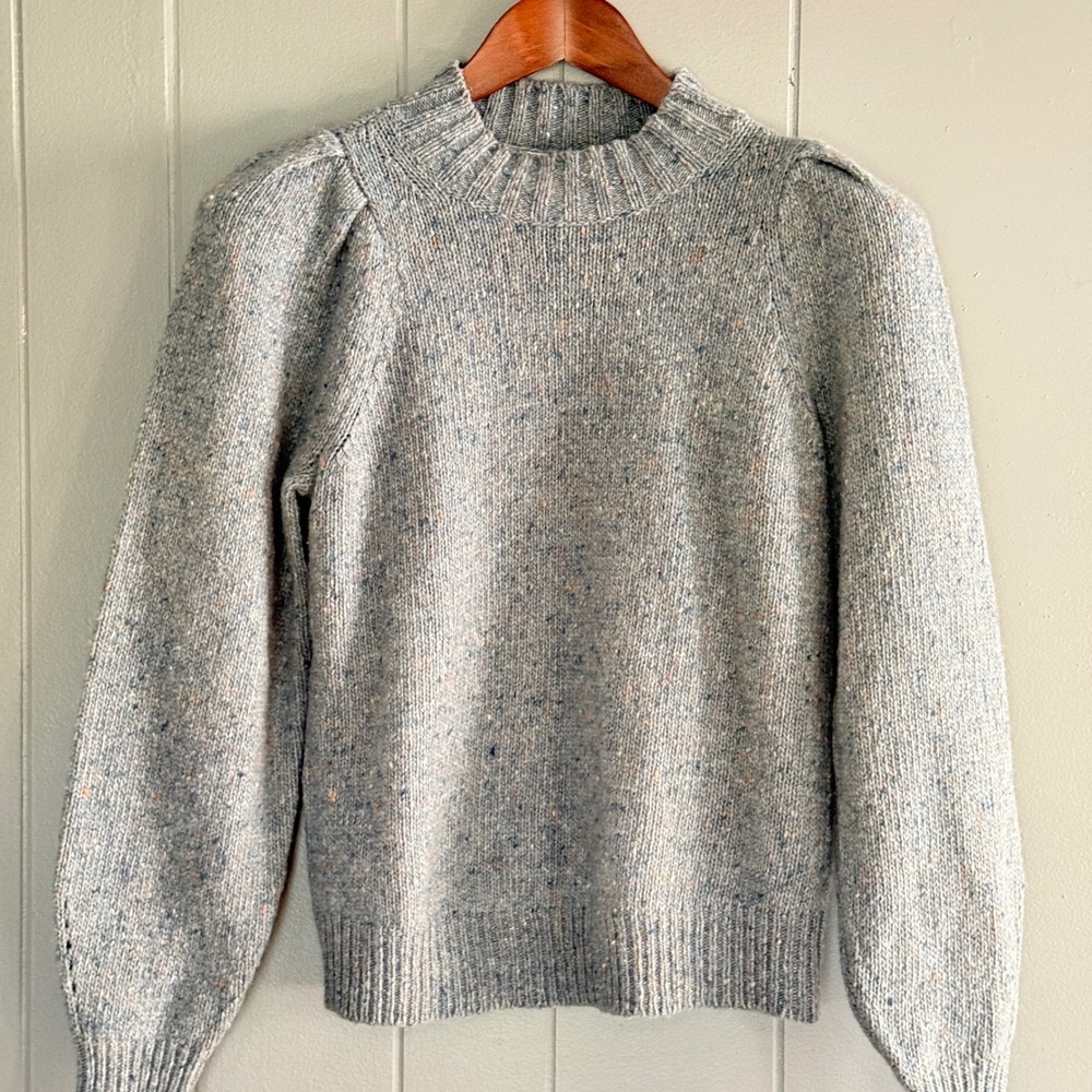 Faherty Wool Alpaca Sweater Puff Sleeve Mock Neck Speckled Blue Coastal Cottage